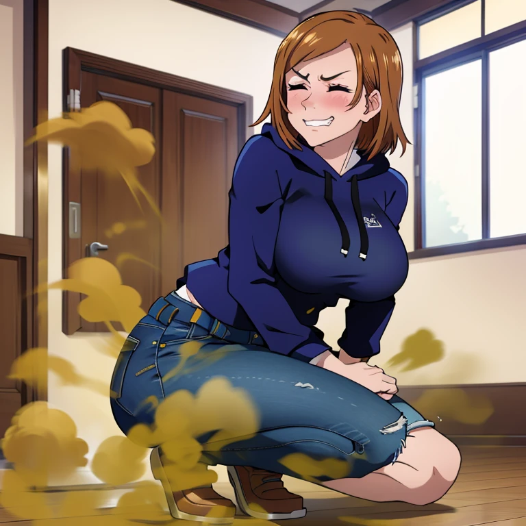 HD, high quality, high resolution, ultrahd, Nobara Kugisaki, 1female, wearing default outfit, dark blue hoodie, white pants, default hair, brown hair, very tall body, thin body, massive fart, yellow smoke, velocity, closed eyes, forcing, struggling, struggle face, blush leaning, embarrassed, smiling, clenching teeth, alone in a room, beautiful lighting, highlights