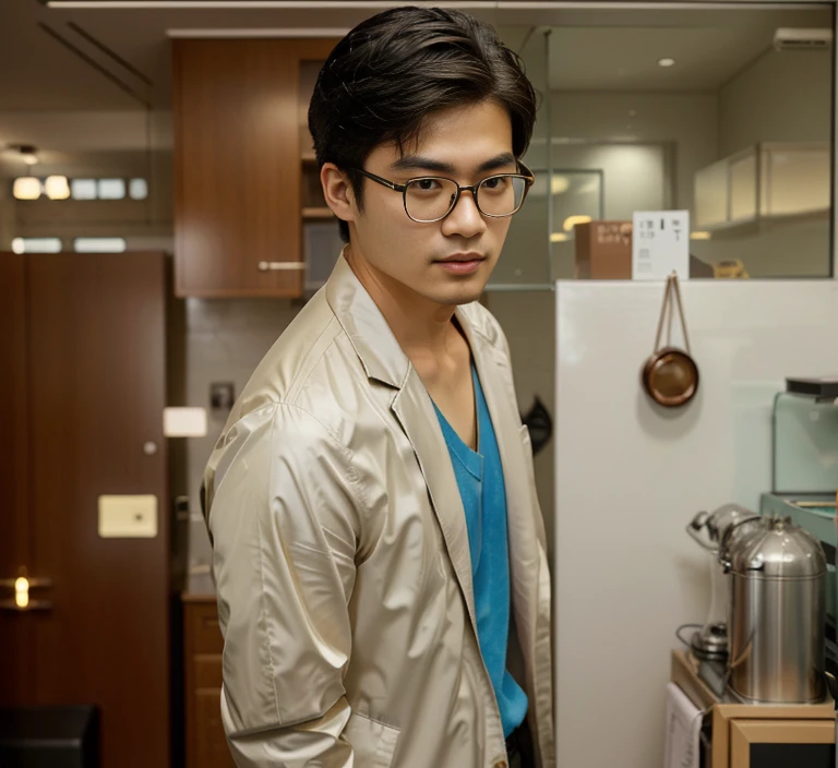 Araaf man wearing clear glass glasses, eyeglasses and a jacket stands on the road., With eyeglasses สวมแว่นตาทรงกลมอันเล็ก, Southeast Asians with round faces, Wear thin, large round glasses., young man with medium - length, With navigator-shaped glasses, With eyeglasses, Inspiration from Zhang Han, A face that is elegantly mellow, wear ray - ban glass, Asian man, Vertical 70 mm