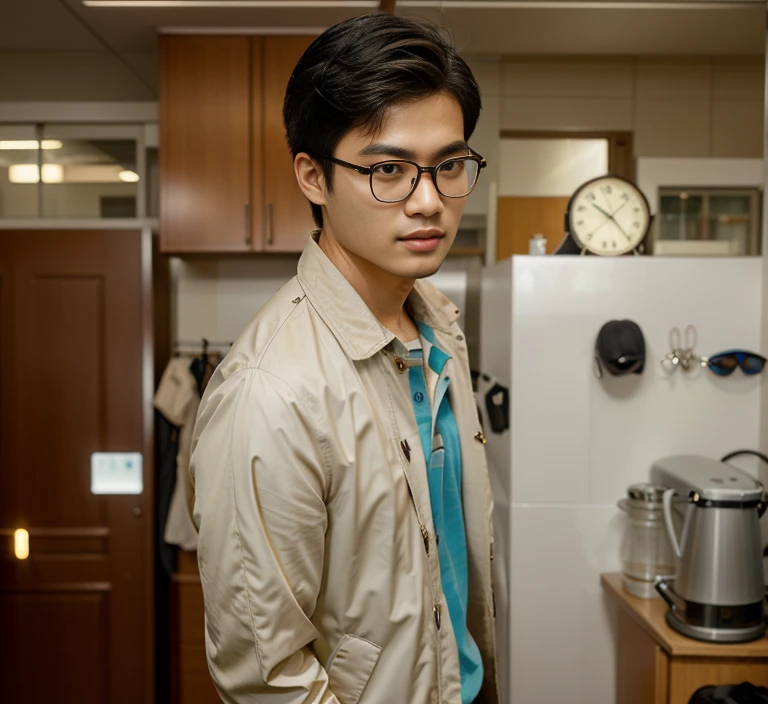 Araaf man wearing clear glass glasses, eyeglasses and a jacket stands on the road., With eyeglasses สวมแว่นตาทรงกลมอันเล็ก, Southeast Asians with round faces, Wear thin, large round glasses., young man with medium - length, With navigator-shaped glasses, With eyeglasses, Inspiration from Zhang Han, A face that is elegantly mellow, wear ray - ban glass, Asian man, Vertical 70 mm