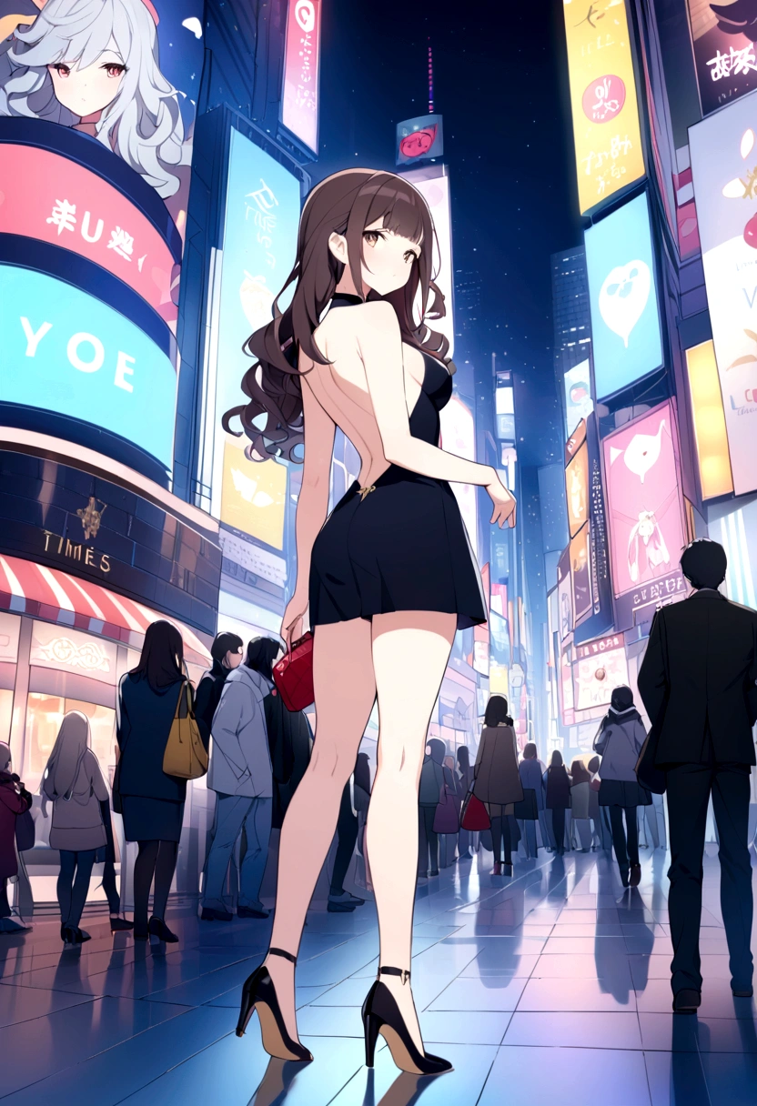 A 20-year-old woman who just became an adult、A little flashy、Grown-up、Hair、Unshaven、Fluffy curly hair、Backless clothing that accentuates the body line、High heels、sexy、whole body、A little to the right of the center of the screen、whole body、Back view、In the hand、Branded second bag、A female character who looks like Nina Dobrev、Times Square at night。