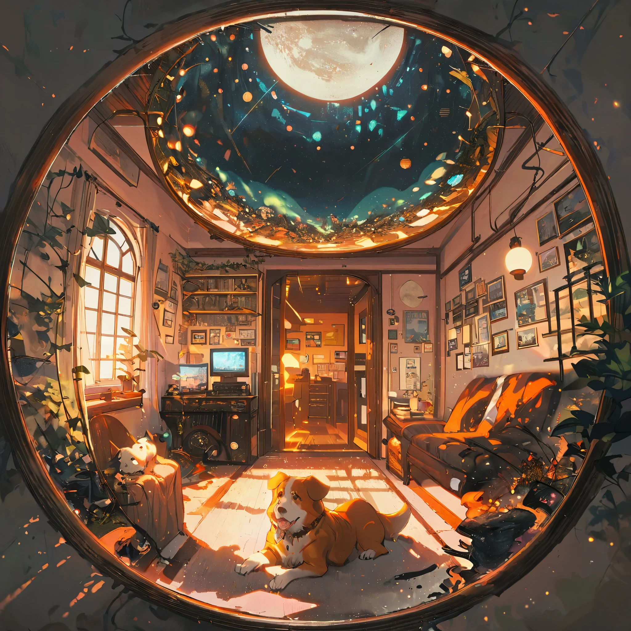 ((anime:1.4,illustration)),(masterpiece, top quality, best quality),(ultra-detailed, absolutely resolution),((16k, high res)), (((Interior, small living room, planetarium on the whole ceiling, boy and dog looking up)) ((cosy lofi illustration:1.4)), ((anime:1.4, illustration)),(masterpiece, top quality, best quality),(ultra-detailed, absolutely resolution),((16k, high res)) BREAK {lofi art, style of Laurie Greasley, style of Makoto Shinkai, anime aesthetic}, BREAK { (produces images with information than 40 million pixels with cinematic-like detailed textures shot on a Sony SLR).}