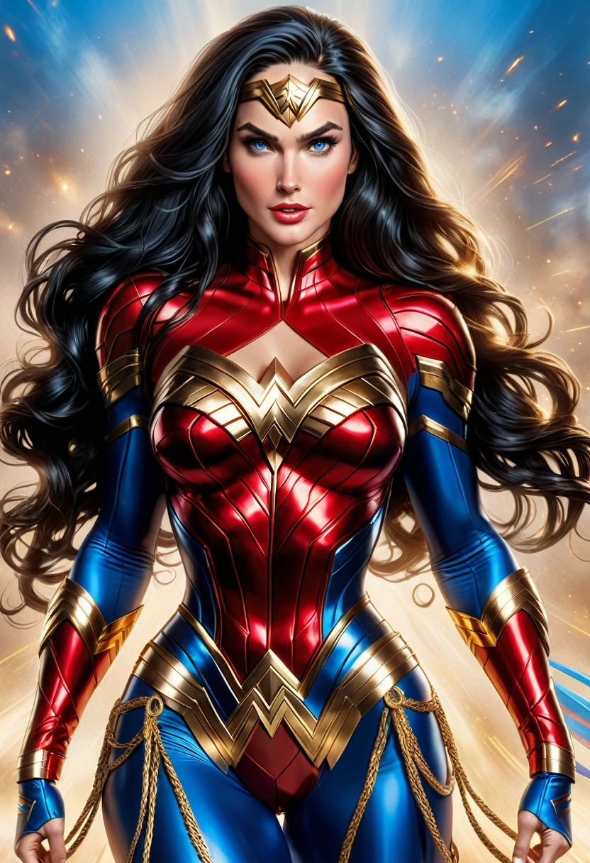 GORGEOUS WONDER WOMAN (DC COMICS), ELEGANT ATHLETIC BODY, 2 FEET TALL WOMAN, RED BLUE COSTUME, GOLD DETAILS, EXPOSED GORGEOUS THIGHS, FLAT RED BOOTS, GOLD GAUNTLETS, HUGE BRAIDED LONG BLACK HAIR, EXPRESSIVE BLUE EYES, HIGH CHEEKBONE, ROSY CHEEKS, STRAPLESS BODYSUIT, FULL BODY PERSPECTIVE, WAR CENARY, MASTERPIECE