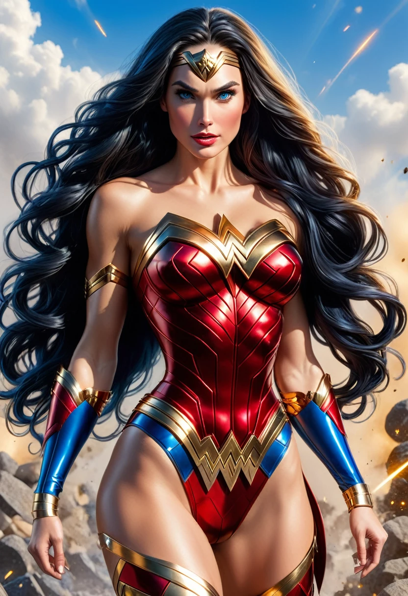 GORGEOUS WONDER WOMAN (DC COMICS), ELEGANT ATHLETIC BODY, 2 FEET TALL WOMAN, RED BLUE COSTUME, GOLD DETAILS, EXPOSED GORGEOUS THIGHS, FLAT RED BOOTS, GOLD GAUNTLETS, HUGE BRAIDED LONG BLACK HAIR, EXPRESSIVE BLUE EYES, HIGH CHEEKBONE, ROSY CHEEKS, STRAPLESS BODYSUIT, FULL BODY PERSPECTIVE, WAR CENARY, MASTERPIECE