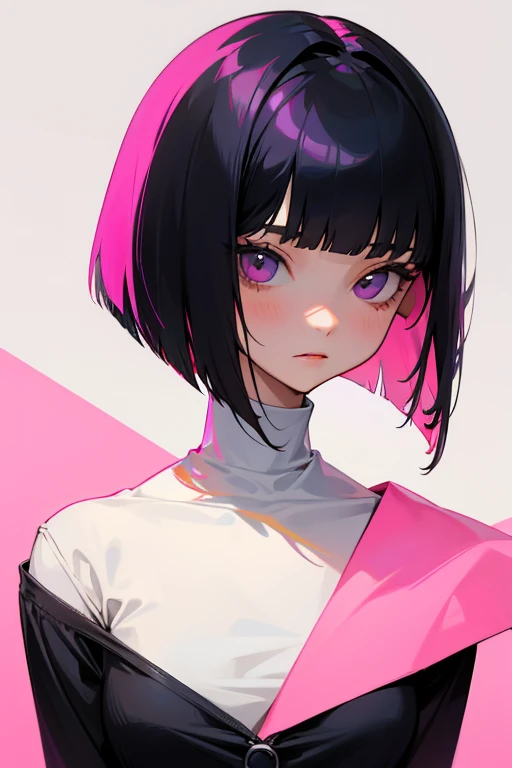 1 girl,18 years old, black hair, pink color ed inner hair, bob cut, blunt bangs,