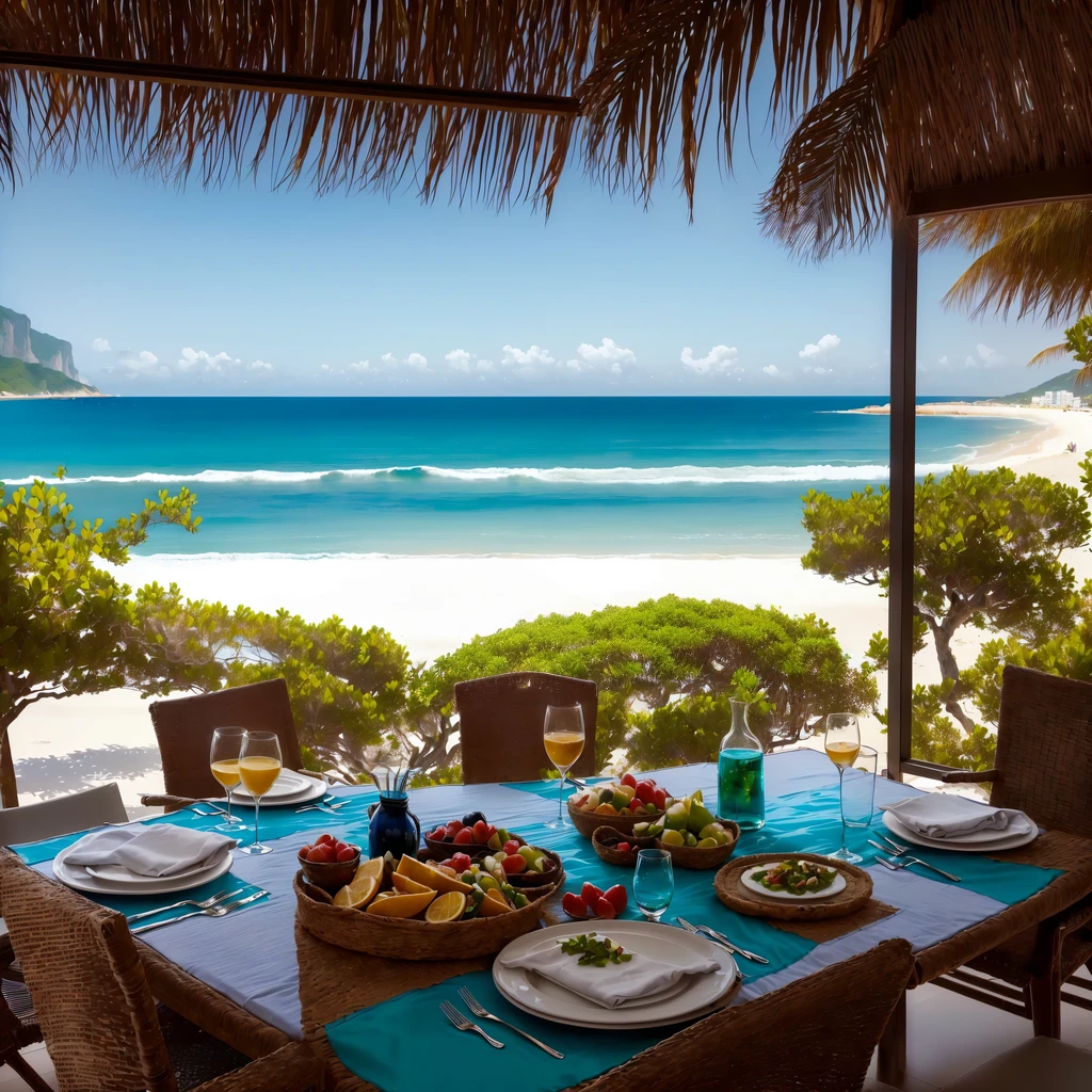 there is a table with a blue tablecloth and plates of food, in a by the sea environment, vibrant scenery, paradise in the background, beach scenery, com vista para a praia, by the sea, obra-prima maravilhosa, olhar de breathtaking, vista do oceano, breathtaking, serene beach scenery, inspirador, obra-prima obra de arte, um plano amplo e completo, ceu azul
