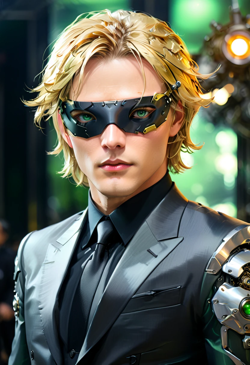 Arafed a picture of a human male spy, wearing dark suit, wearing ((mecha eye patch)), ((eye patch covering only one eye: 1.5))exquisite beautiful male, blond hair, short crop hair, green eyes, eye patch has intricate mechanical part in it, high society gala event background, (Masterpiece: 1.5), 16k, highres, best quality, high details, ultra detailed, masterpiece, best quality, (extremely detailed),
