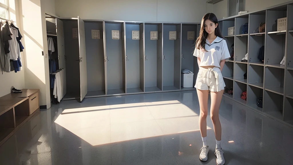 (masterpiece, Highest quality), (locker room), Multiple Girls, change, White panties, School Shirt, standing in locker room, talk, Emotional, foot, Wide-angle, sunlight, Best Shadow, watercolor,
