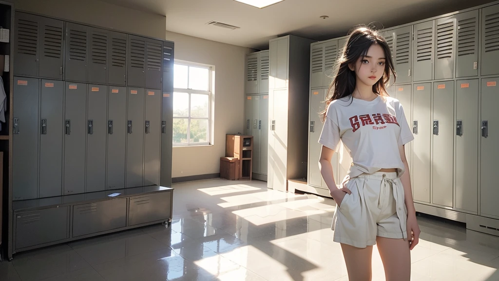 (masterpiece, Highest quality),  (locker room), Multiple Girls, change, White panties, School Shirt, standing in locker room, talk, Emotional, foot, Wide-angle, sunlight, Best Shadow, watercolor,