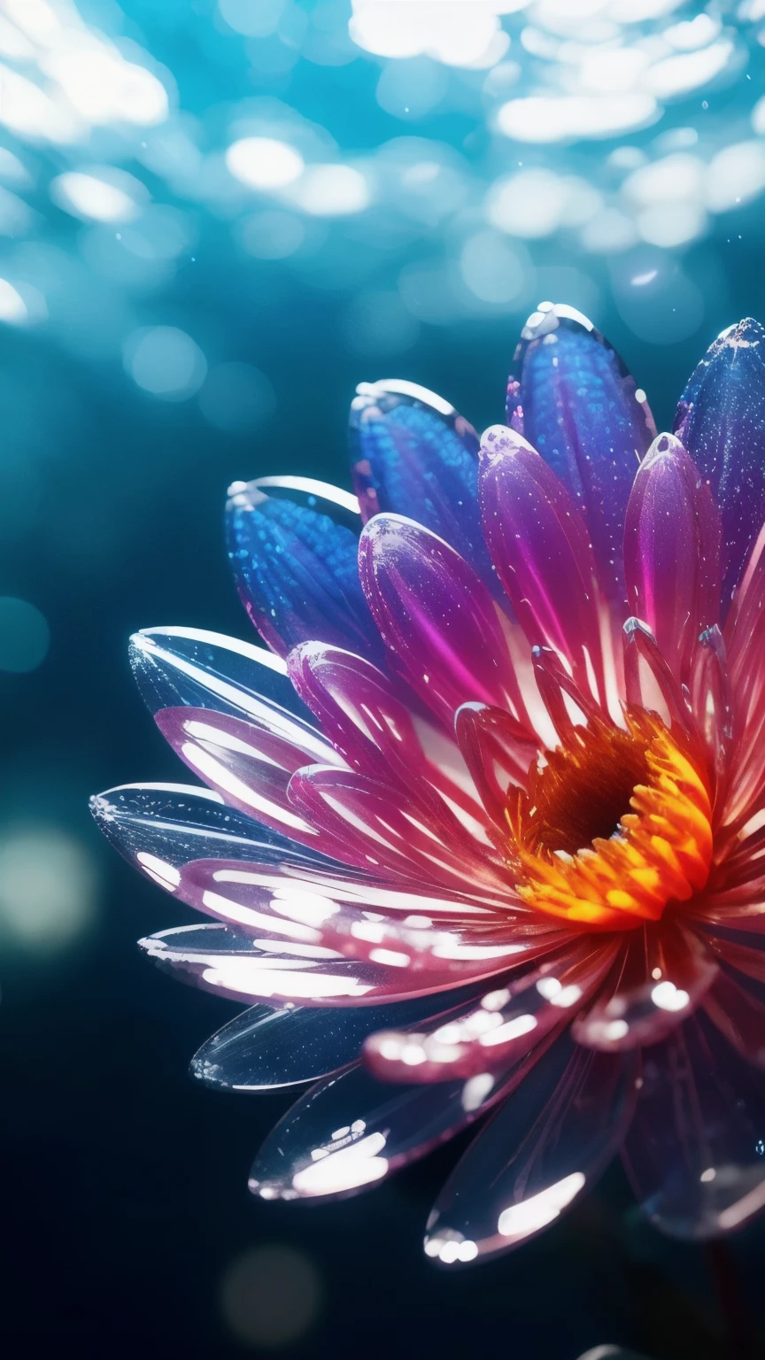 A large crystal flower blooming in the water, Macro photography、Fantasy, Milky Way, transparent, Shine, Sparkling, wonderful, colorful, Magical Pictures, Dramatic lighting, Photographic realism, Super detailed, 4K, Depth of written boundary, High resolution、Macro photography、