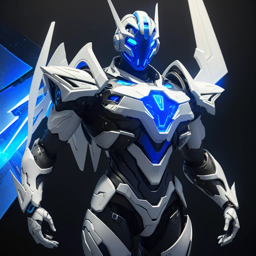 Dronificated unknown man in a fully enclosed white latex fullbody suit with blue lights across the suit and star shaped glowing core in the chest, fully enclosed cyber helmet that cover his whole face and hides his identity with a blue screen that has a white star, muscular, strong, with mechanical open wings, flying in the sky, no face, no hair, no mouth, no eyes, (perfect anatomy), (full body) (pov from below
