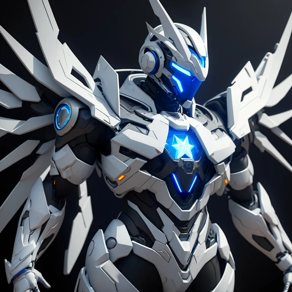 Dronificated unknown man in a fully enclosed white latex fullbody suit with blue lights across the suit and star shaped glowing core in the chest, fully enclosed cyber helmet that cover his whole face and hides his identity with a blue screen that has a white star, muscular, strong, with mechanical open wings, flying in the sky, no face, no hair, no mouth, no eyes, (perfect anatomy), (full body) (pov from below