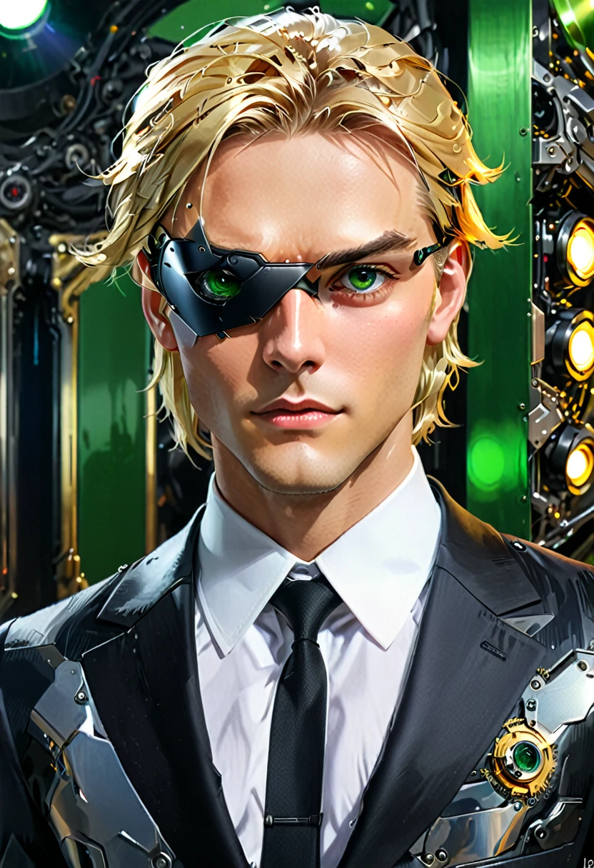 Arafed a picture of a human male spy, wearing dark suit, wearing ((mecha eye patch)), ((eye patch covering only one eye: 1.5))exquisite beautiful male, blond hair, short crop hair, green eyes, eye patch has intricate mechanical part in it, high society gala event background, (Masterpiece: 1.5), 16k, highres, best quality, high details, ultra detailed, masterpiece, best quality, (extremely detailed), 