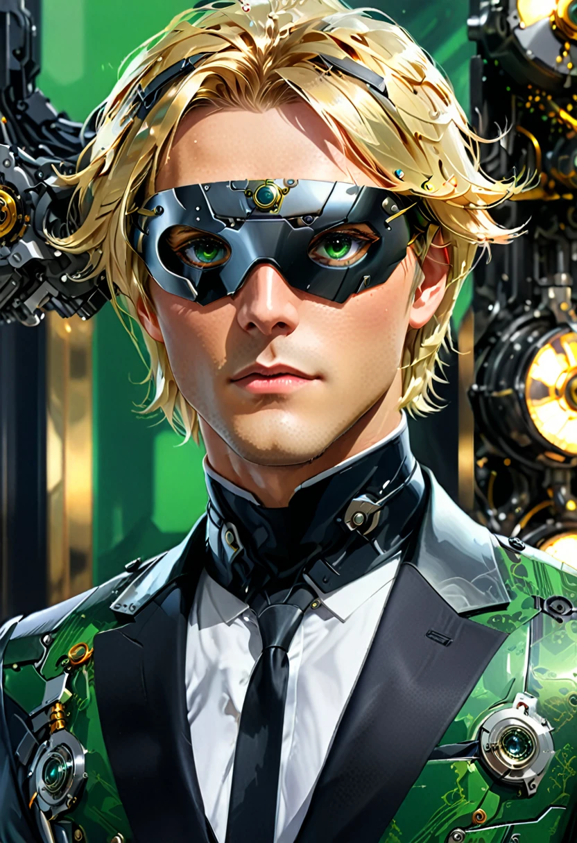 Arafed a picture of a human male spy, wearing dark suit, wearing ((mecha eye patch)), ((eye patch covering only one eye: 1.5))exquisite beautiful male, blond hair, short crop hair, green eyes, eye patch has intricate mechanical part in it, high society gala event background, (Masterpiece: 1.5), 16k, highres, best quality, high details, ultra detailed, masterpiece, best quality, (extremely detailed), 