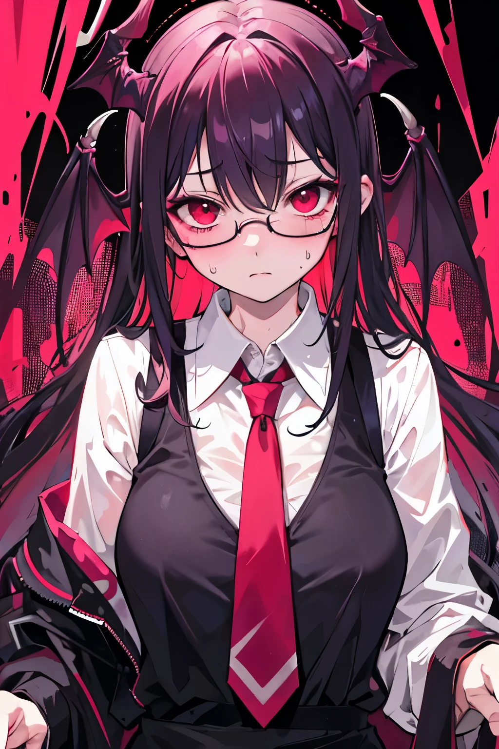 underdressing,Expression of disgust,Expression of disgust,Red Eyes,Sweat,Soaked,liquid,transparent,succubus,pink,stocking,grid,Glasses
