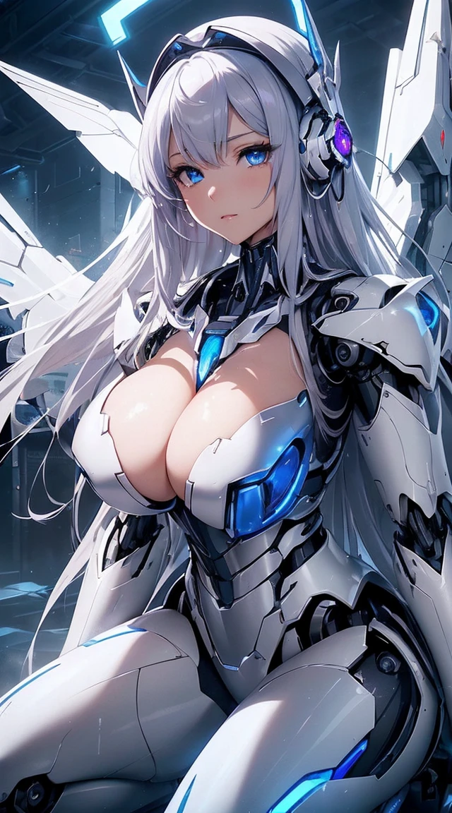 (Sit with one knee on the machine:1.6)、(Full body description:1.3)、((Shining lenses on both breasts:1.3))、((Blue pillars of light are emanating from both chests.:1.3))、smile、((8k)), ((32k)), ((Highest quality)), ((masterpiece)), ((超A high resolution)), ((Tmasterpiece)), ((halo:1.4))、((Mechaニカルheadgear:1.2))、((Cyber headphones:1.3))、Fine skin, High quality fabric, Fine metal texture、((Beautiful and dense face))、RAW Photos、Professional, Ultra-fine painting, ((alone)), Beautiful breasts、Highest quality, Very detailed, Very detailed詳細, Finer details, so beautiful, ((Princess Knight Robot:1.2)), (Joints of machines, Mechanical Limbs:1.3), (The internal structure of the machine is exposed:1.3), (Long silver hair:1.1), (Beautiful and huge mechanical breasts)、White Veil, cowboy_shot, Side Focus, headgear, Shiny、(Five Fingers, Four fingers and thumb),Concept Art, Anime fantasy artwork, Detailed fantasy art, (with pale blue-violet hair and large white wings,,,,,,,), (((Long silver hair))), (Mecha:1.6)、Sleek and intimidating design, ((Commander-in-Chief'arm)), (Perfect robot body)、純白と青紫armまたは, Symmetrical wings, 8K high quality, detailed art, 3D rendering of character art in 8K, neat legs, Defined, Defined fingers,