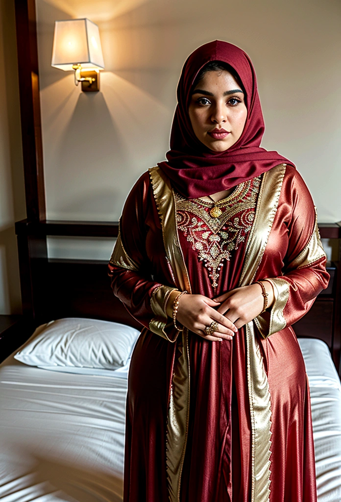 A curvy chubby figure muslim woman stands indoors, near a bed in a room with wooden accents. She is wearing intricate red salwar suit with heart designs and has a gauzy, gold-embroidered shawl draped over her head and shoulders. She has long, manicured nails and wears several pieces of jewelry, including a nose ring, bracelets, and a ring on her finger. The ambient lighting, including a wall lamp, adds a warm glow to the scene.