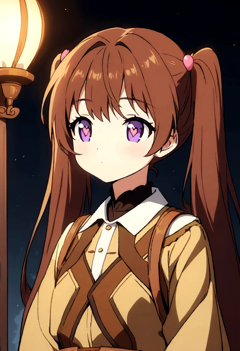 Anime Girl with long brown pigtails and purple eyes with heart pupils drawn in MAPPA artsyle