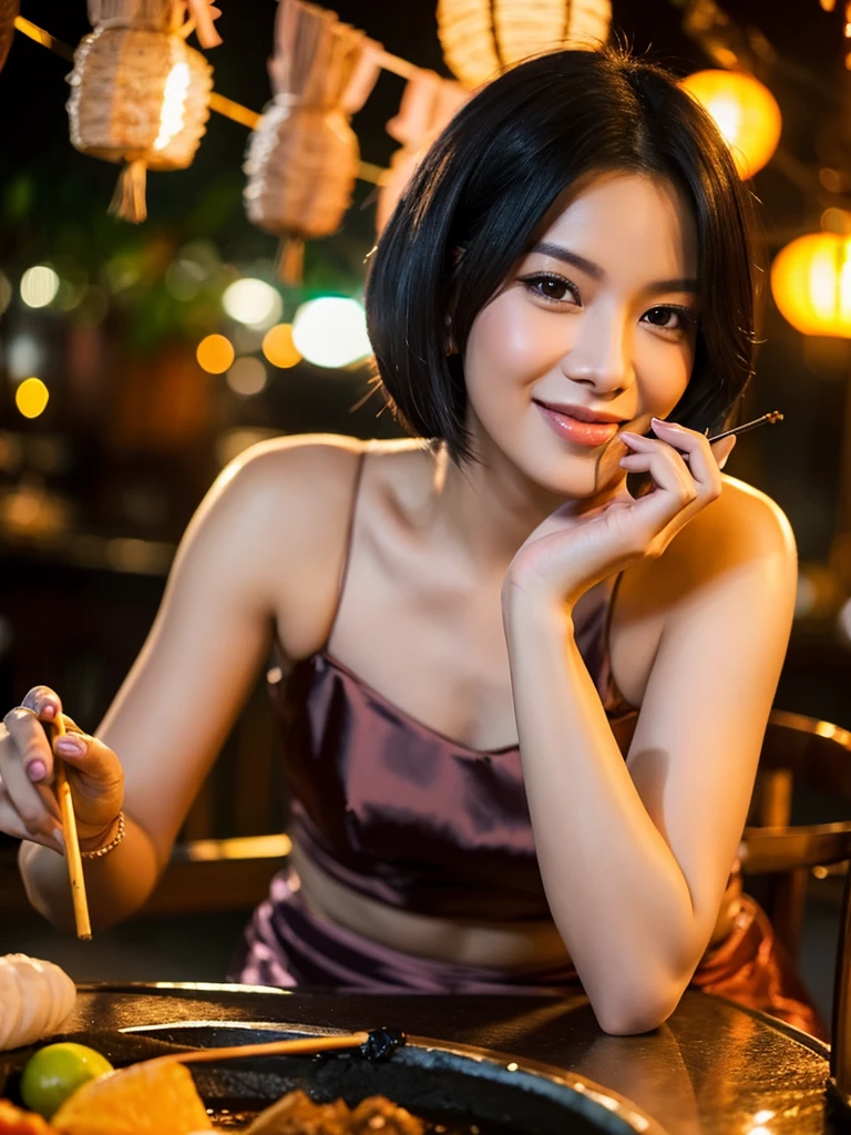 realistic portrait of a beautiful woman with shoulder length black hair, 30 years old, sitting while fanning satay, looks very happy, the satay is smoking in the background, there is writing on the sign "SATE KELINCI CILLA", very close up, very detailed