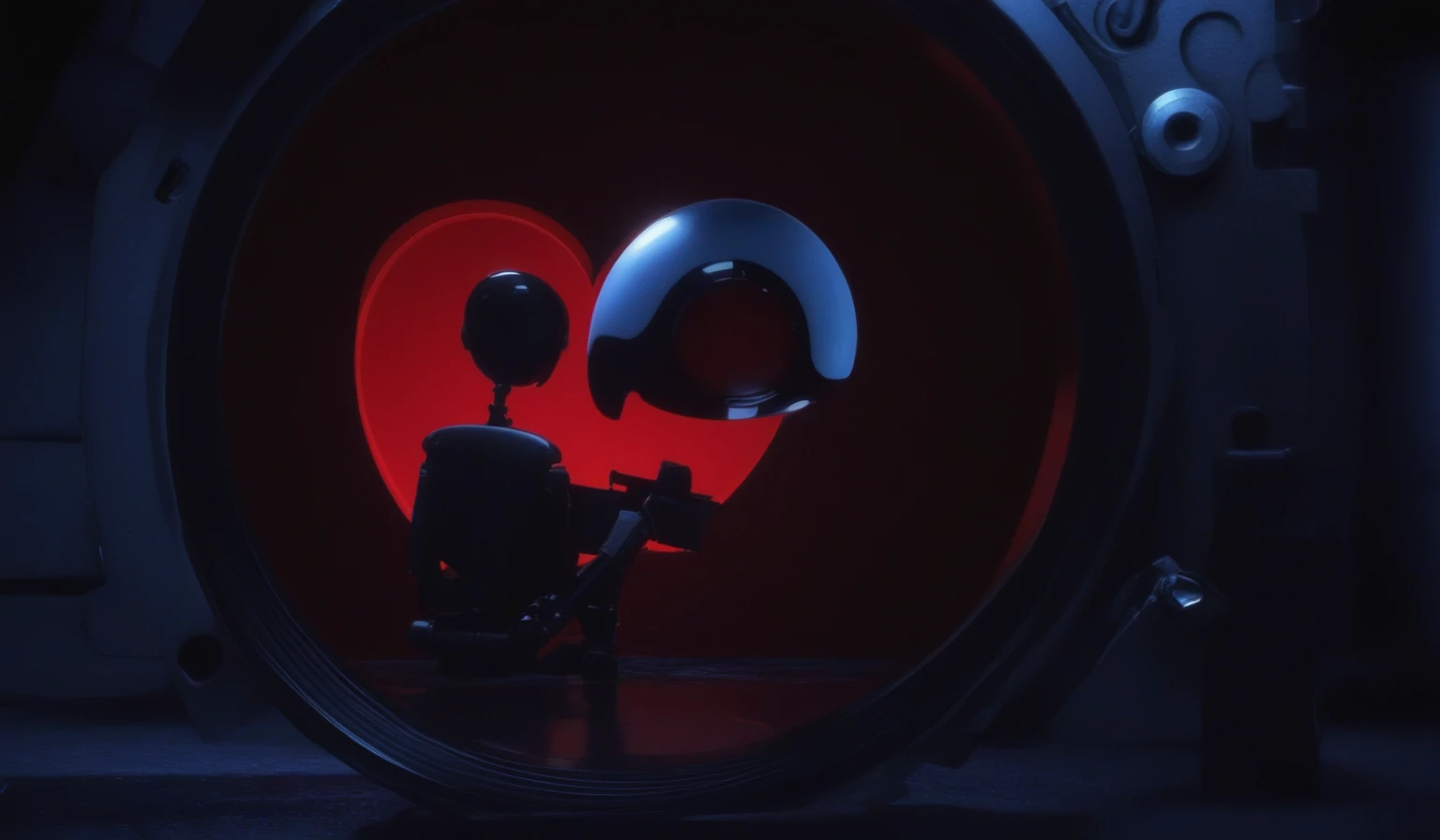 Create a simple and elegant“Love, Death, and Robots" logo, shedding niobium tears. The design should convey a strong sense of sadness and melancholy, using a minimalist approach with clear lines and using only high contrast deeply matte black, nicola samori,ben templsmith,Irina Yermolova,,pixar movie still, pixar movie screenshot, frame from pixar movie, animated movie still, still from the pixar movie, still from a pixar movie, disney pixar movie still, pixar movie scene, still from pixar movie, still from a 2001 pixar movie, pixar render, animated film still