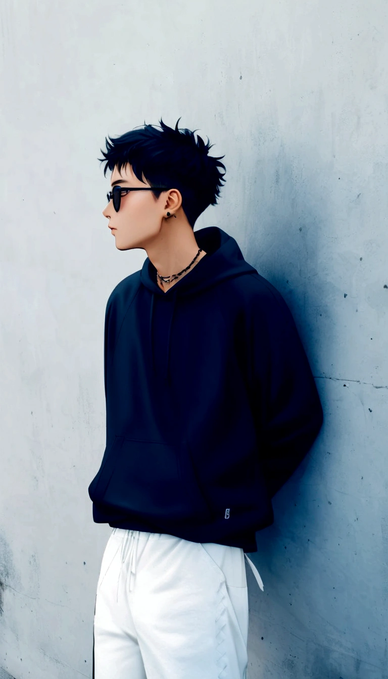 arafed man leaning against a wall wearing sunglasses and a black hoodie, wearing a black hoodie, in a black hoodie, profile shot, casual clothing style, style of kentaro miura!!!!, in profile, wearing hoodie, profile pic, wearing an oversized hoodie, photoshoot, black hoodie, japanese streetwear, kano), dressed black hoodie, wearing a hoodie, portrait shot