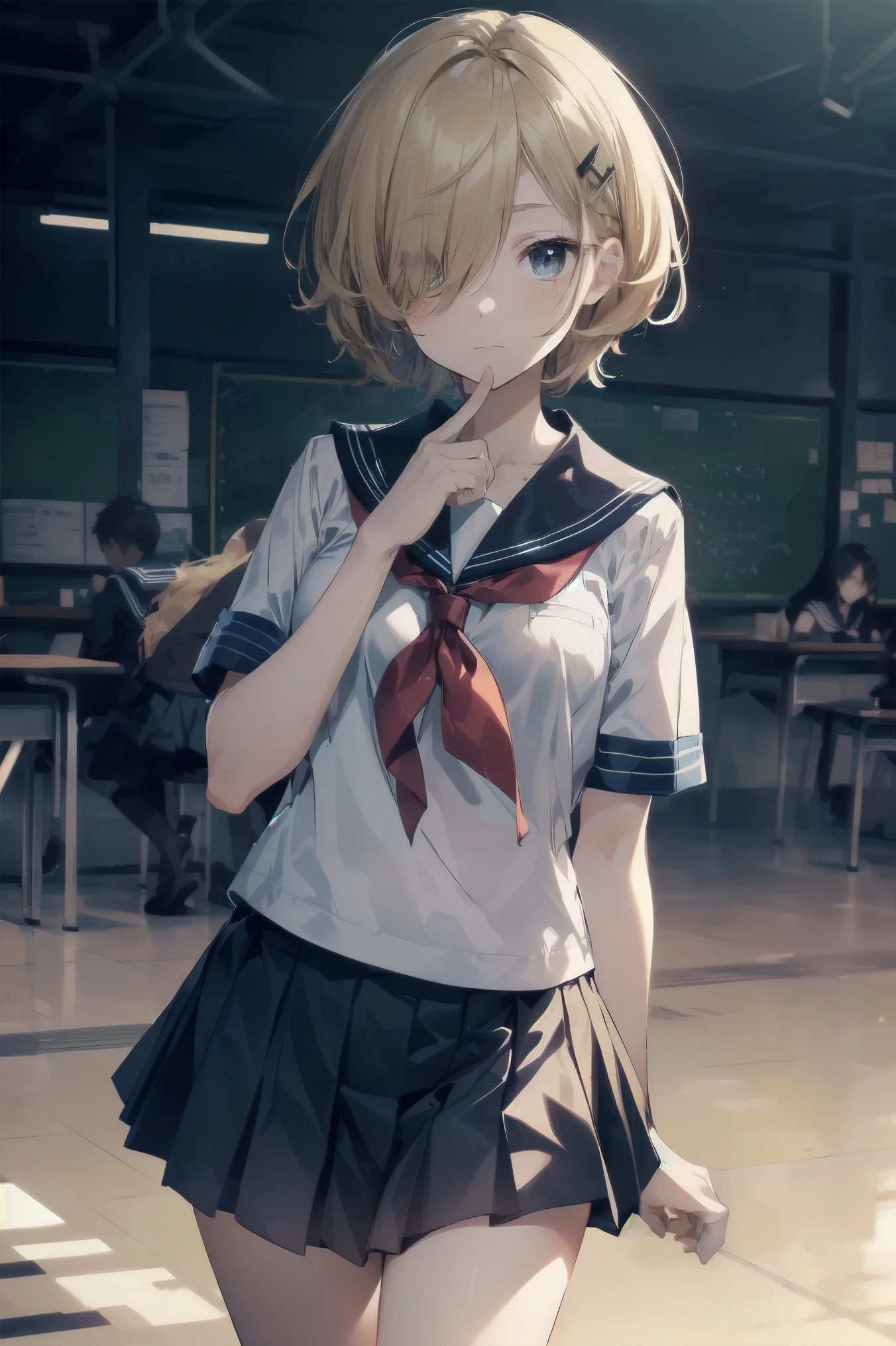 highest quality, anime moe art style,Best Anime 8K Kona-chan Wallpaper,Pixiv contest winners,perfect anatomy, (Please draw a girl walking sleepily to school.. ),break, 1 girl, (alone,,,:1.3),high school student, short hair, amount, (hair above one eye:1.7),All limbs, full finger,medium breasts, between legs, small eyes,Precise black eyes, hair clip, (sailor suit:1.5),(school uniform:1.5) skirt,On the way to school. break,Super detailed,High resolution,super dense skin, professional lighting,8K eye details, (cute illustration:1.2),blonde，blonde hair，No expression，(hair over one eye:1.5)，sailor uniform