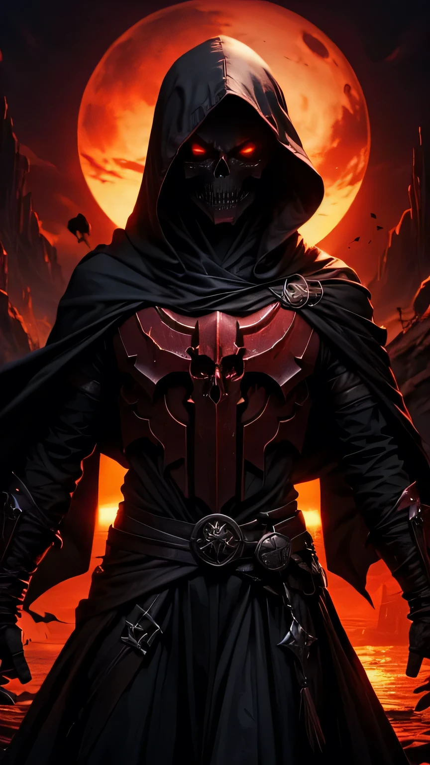 dark fantasy world, Beautiful sunset, sinister skull in a hood, eyes glow red, ((super epic art)), (8K)