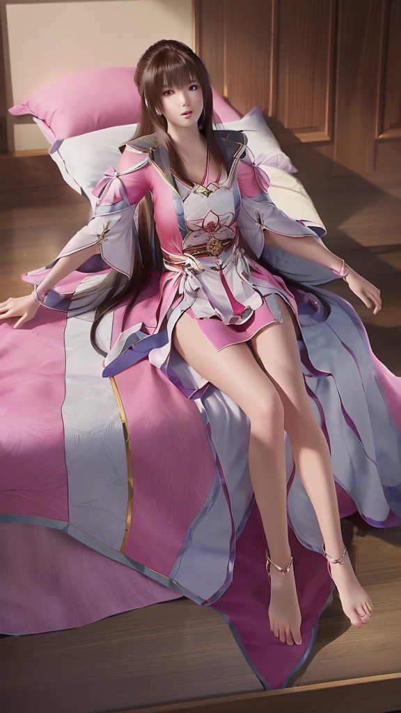 一个女孩Lying in bed,Face up,Raise your legs slightly,Front view super detailed beautiful big breasted girl . Ultra HD, 4k, 8K, Movie,whole body,Lying down,Long legs,Very big breasts,whole body捕捉,(((Lying in bed))),(((whole bodyLying in bed))),Pink bed,Off-shoulder,Shoulder-length skirt,Lying in bed,Sleeping on the pillow,Lying down,Headrest pillows