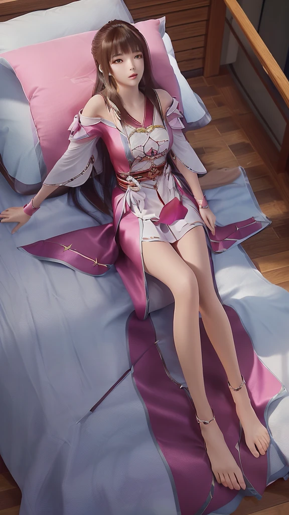 一个女孩Lying in bed,Face up,Raise your legs slightly,Front view super detailed beautiful big breasted girl . Ultra HD, 4k, 8K, Movie,whole body,Lying down,Long legs,Very big breasts,whole body捕捉,(((Lying in bed))),(((whole bodyLying in bed))),Pink bed,Off-shoulder,Shoulder-length skirt,Lying in bed,Sleeping on the pillow,Lying down,Headrest pillows