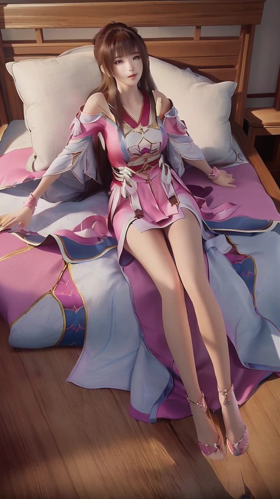 一个女孩Lying in bed，Face up，Raise your legs slightly，Front view super detailed beautiful big breasted girl 16 years old. Ultra HD, 4k, 8K, Movie，whole body，Lying down，Long legs，Very big breasts，whole body捕捉，（（（Lying in bed））），（（（whole bodyLying in bed））），Pink bed，Off-shoulder，Shoulder-length skirt，Lying in bed，Sleeping on the pillow，Lying down，Headrest pillows