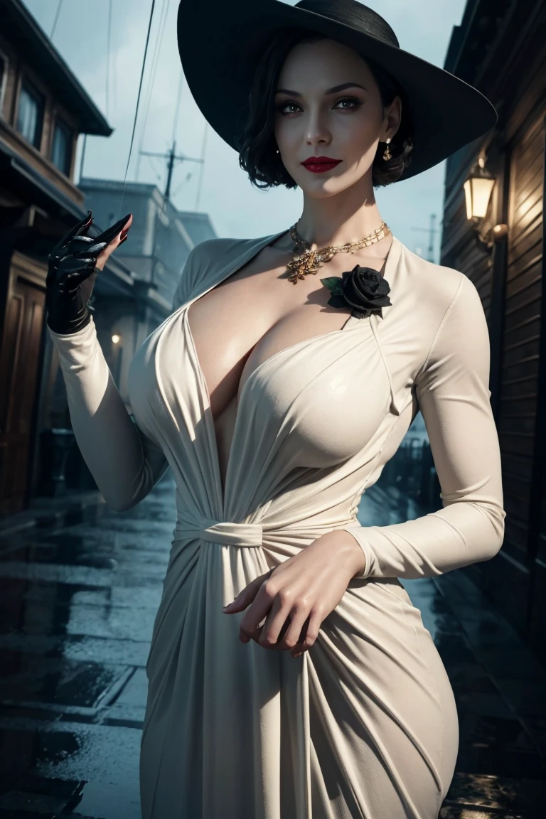 Resident Evil 8,Madame Dumitrescu,Short Hair,Pure white skin,Golden eyes,tall,White long dress,Black hat, black rose brooch,Photorealistic,Ultra HD,high quality,masterpiece,Digital SLR,Detailed details,Intricate details,Anatomical basis,Depicted in detail,A detailed face,Realistic skin texture,Vivid details,Perfect Anatomy,Perfect Anatomy,Anatomically correct hand,Anatomically correct fingers,Super Detail,Complex 3D rendering,Sexy pose,Rainy Sky,Beautiful scenery,Fantastic rainy sky,Picturesque,Red Lip,smile,