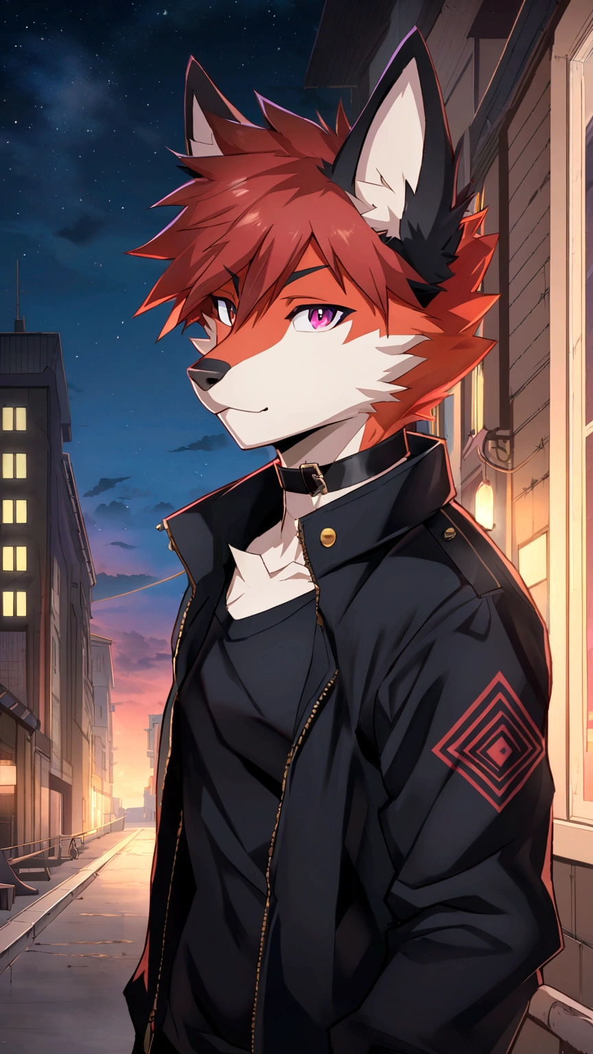 anime - imagen de estilo de un zorro con pelo rojo y una chaqueta negra, an anthropomorphic cyberpunk fox, anime rudo 8k, Arte Zerochan, estilo anime 4k, Inspired by Ryusei Kishida, fursona vistiendo ropa elegante, retrato de un zorro antro, high resolution commission, trigger anime art style, en un estilo anime