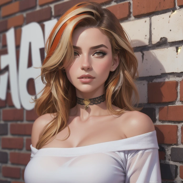 ultra realistic 8k cg, masterpiece, ((ultra detailed background, delicate pattern, intricate detail)), best quality, intricate details, chromatic aberration, 1girl, long hair, golden hair, messy hair, red highlights, hair over one eye, sharp eyes, choker, brick wall, graffiti, dim lighting, alley, oversized shirt,off shoulder, see through white shirt, Masterpiece, best quality