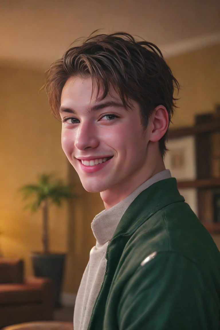 Handsome Men smiling Portrait, shot on leica, shadowplay, gorgeous lighting, subtle pastel hues, living room ,solo