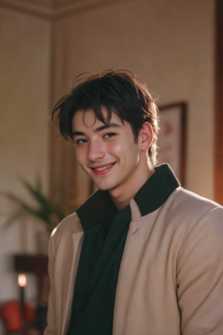 Handsome Men smiling Portrait, shot on leica, shadowplay, gorgeous lighting, subtle pastel hues, living room ,solo