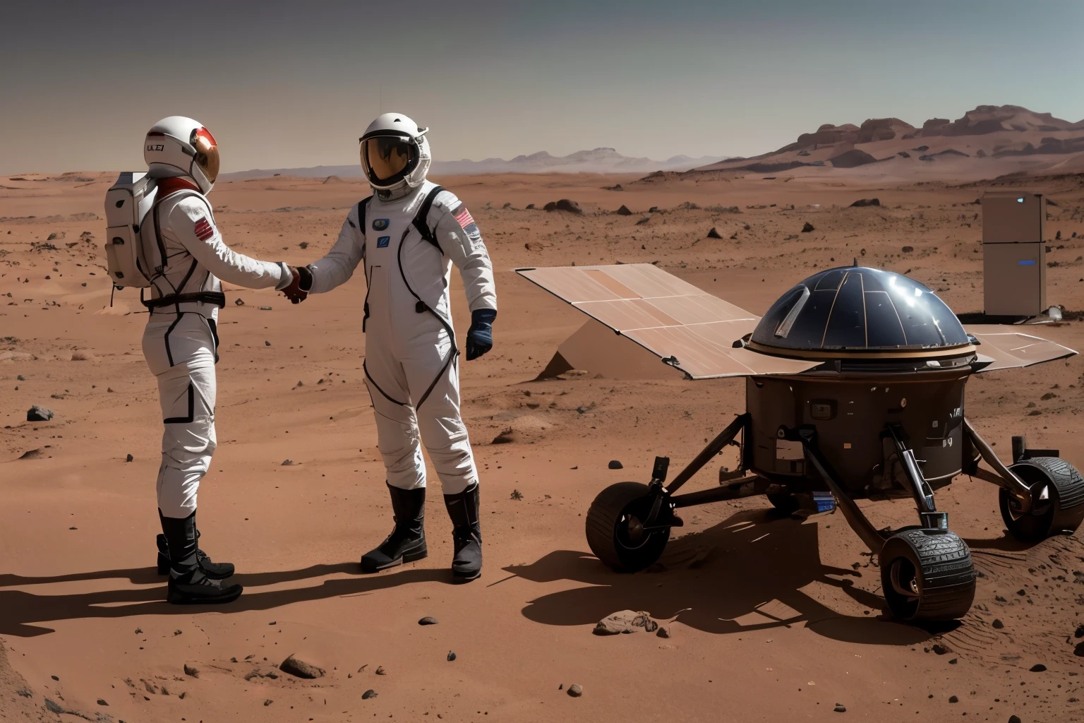 On Mars,Martian sky,Chinese astronaut shakes hands with SpaceX astronaut,Starship in the background,(8K, best quality, masterpiece:1.2), (Practical, Reality:1.37), Extremely detailed,Wide-angle lens