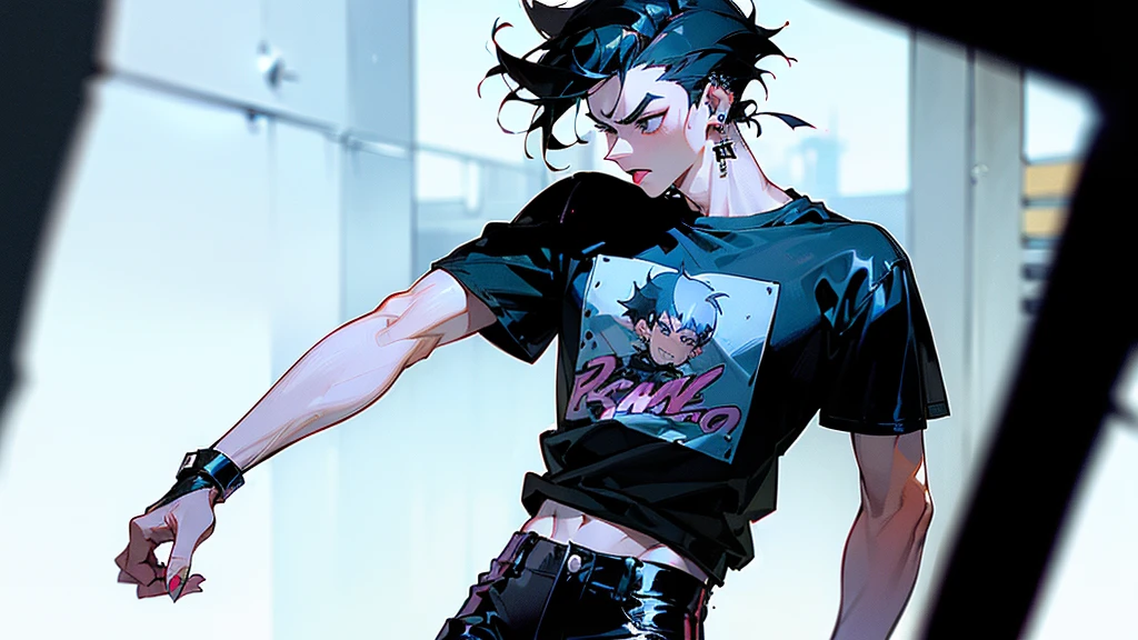 (((masterpiece,Highest quality))),((Anime boy with black hair and black eyes wearing a punk rock t-shirt and patent leather pants)),((Has multiple ear piercings)),((Has two lip piercings)),(Glaring),Standing alone in the middle of the concrete jungle,(Focus on people,Upper body close-up),anime,