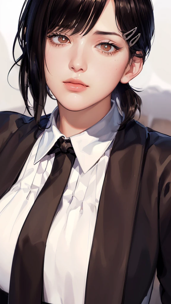 (((Perfect body,White and tender skin,(((Black strap dress, black long bow tie, white lining, black hat))),(((kobeni higashiyama, black hair, hair ornament, hairclip, ponytail, short hair, (brown eyes:1.5),))),((masterpiece)),highres,((Best quality at best)),masterpiece,quality,Best quality,((( Exquisite facial features,Looking at the audience,There is light in the eyes,(((indifferent,Poker face))),Scissorhands))),(((Light and shadow,Huge breasts,))),(((Looking at the camera,White background,look up,from above))))