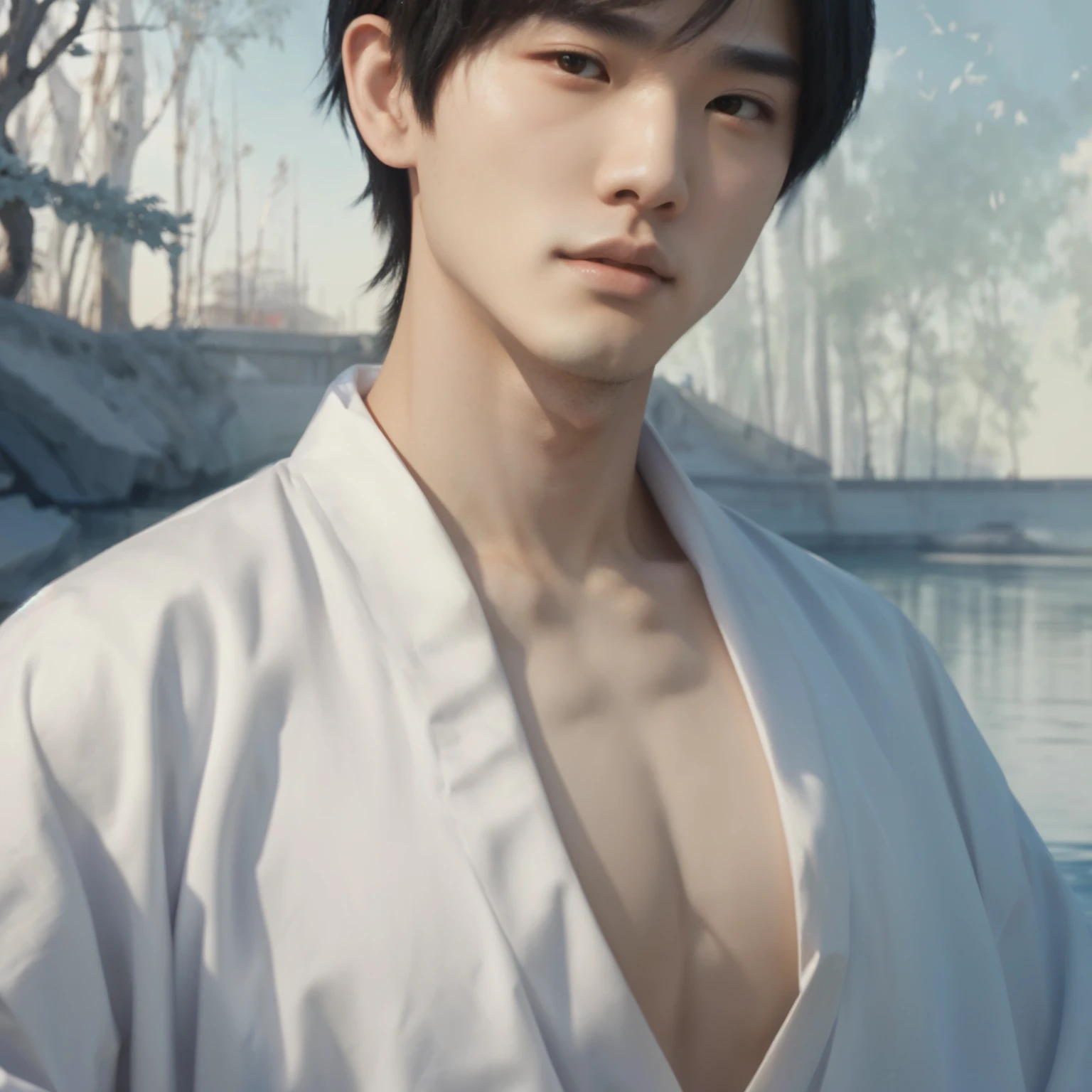 arafed asian man in white robe standing by a body of water, inspired by Yanjun Cheng, yanjun chengt, inspired by Zhang Han, artwork in the style of guweiz, inspired by Yeong-Hao Han, painted in anime painter studio, inspired by Bian Shoumin, inspired by Xiao Yuncong, realistic. cheng yi, heise jinyao,huge muscle chest,huge pec, huge breasts,muscular, bodybuilder,pretty boy,teenage boy