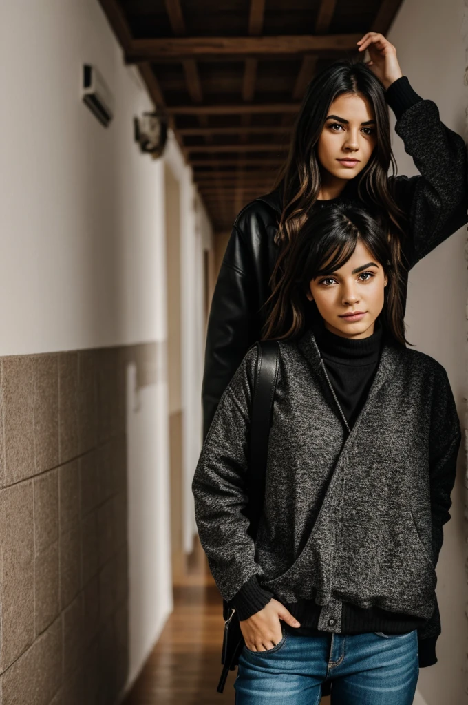 photograph of a 20 year old woman, cara perfecta, Obra maestra, Bien, ropa interior, negro_Bien, Chaqueta, negro_bragas