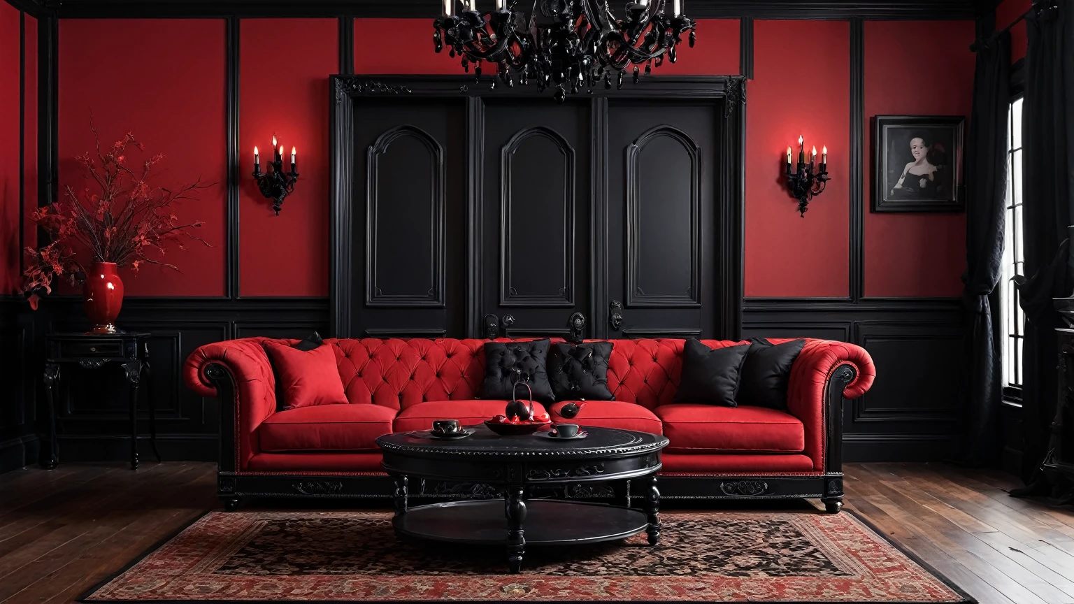 living room with black furniture, black couch, black recliner, black coffee table, black door, black chandelier, red walls, gothic themed, traditional, background