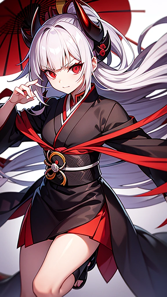Demon slayer of a female with white hair and red eyes,Wearing a black and red kimono,Kimetsu no yaiba style art