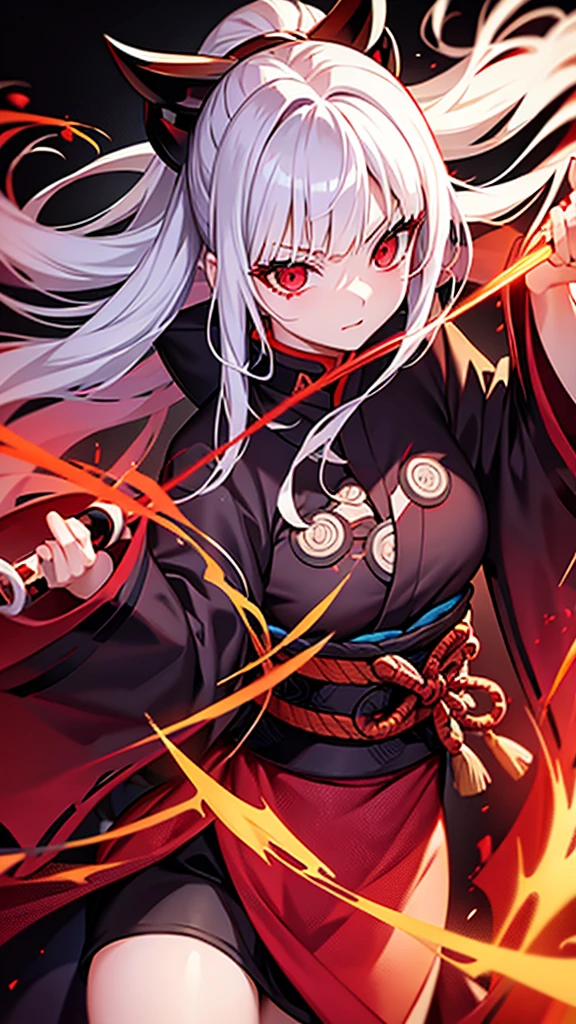 Demon slayer of a female with white hair and red eyes,Wearing a black and red kimono,Kimetsu no yaiba style art