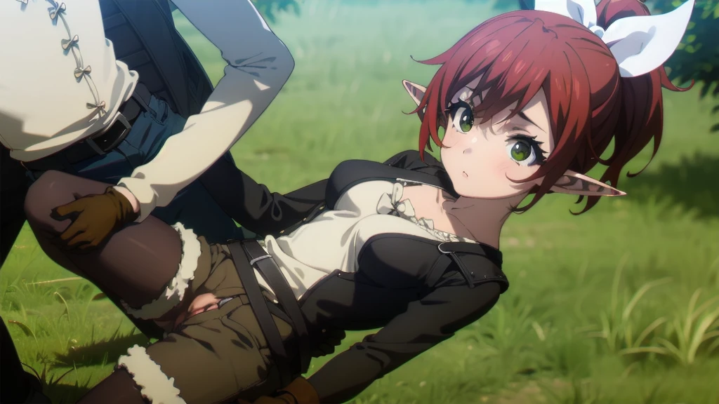 NSFW,(((1girl,1boy,sex,vaginal ))),clothed,rheafighter, rhea fighter, (green eyes:1.5), hair ribbon, ponytail, red hair, pointy ears, elf, white bow, white ribbon, ribbon,
BREAK gloves, bow, pantyhose, shorts, belt, armor, black pantyhose, fur trim, short shorts, brown gloves, toeless legwear, legwear under shorts, brown shorts,
BREAK outdoors, forest, grass, nature, sky, cloud, sun,
BREAK looking at viewer, (cowboy shot:1.5),
BREAK (masterpiece:1.2), best quality, high resolution, unity 8k wallpaper, (illustration:0.8), (beautiful detailed eyes:1.6), extremely detailed face, perfect lighting, extremely detailed CG, (perfect hands, perfect anatomy),