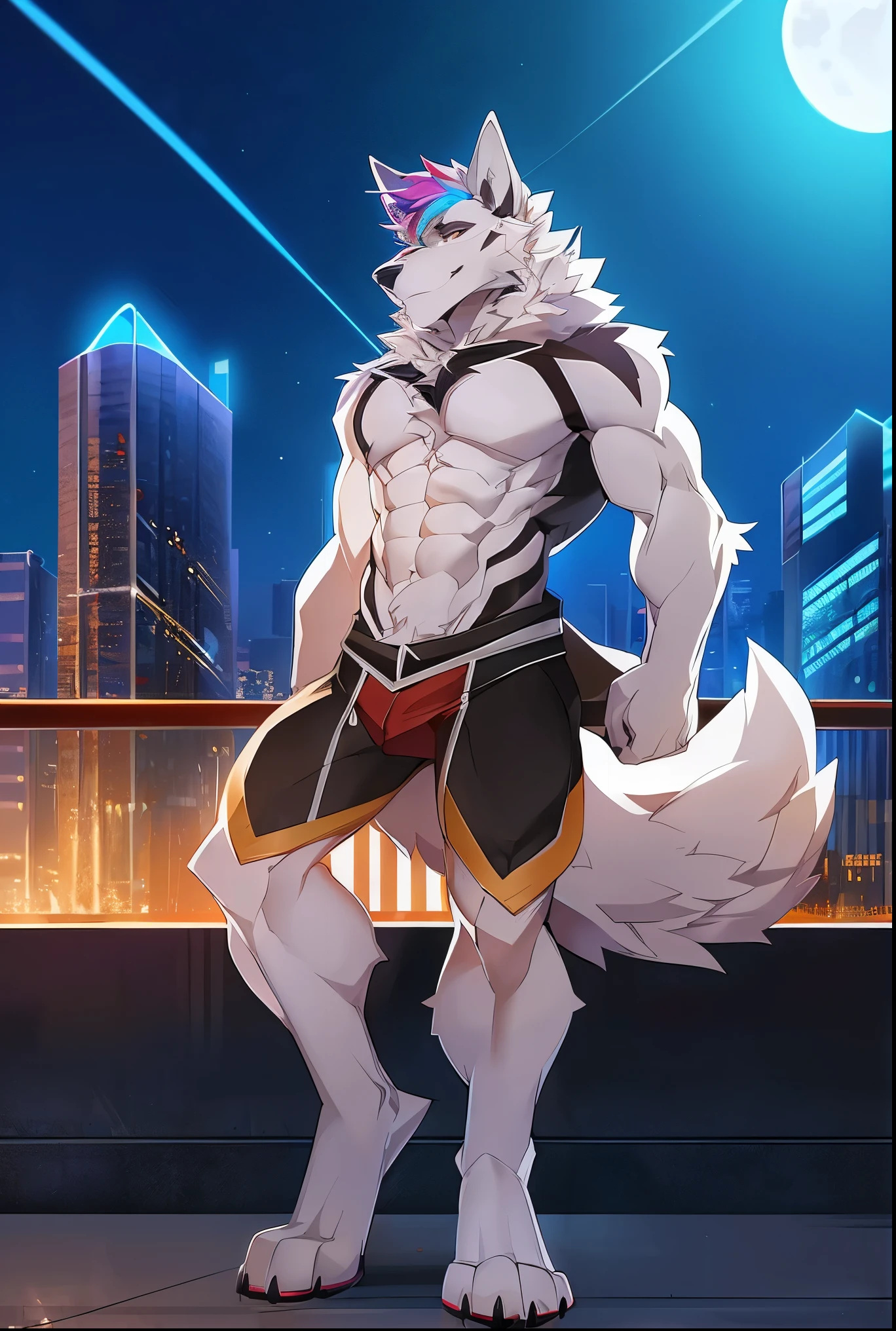 ((Solo)), male people, anthro wolf, (Multi-colored fur, White tail pointed), (Height 3meters,Tail length 2meters), Abs, pinginuscular, A long big tail, by patto, modern city