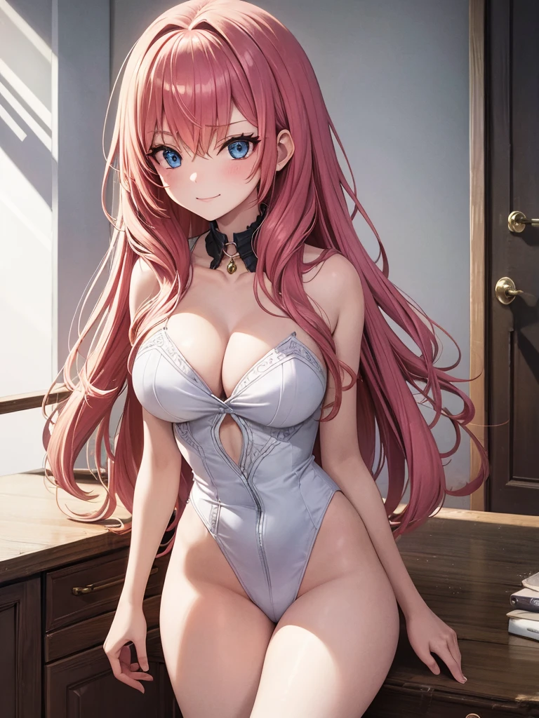 , mid-length luxurious wavy hot pink hair that comes down to her neck, a sinister cold smile, and icy blue eyes. She has a and slender hourglass-like frame, and pale flawless skin.