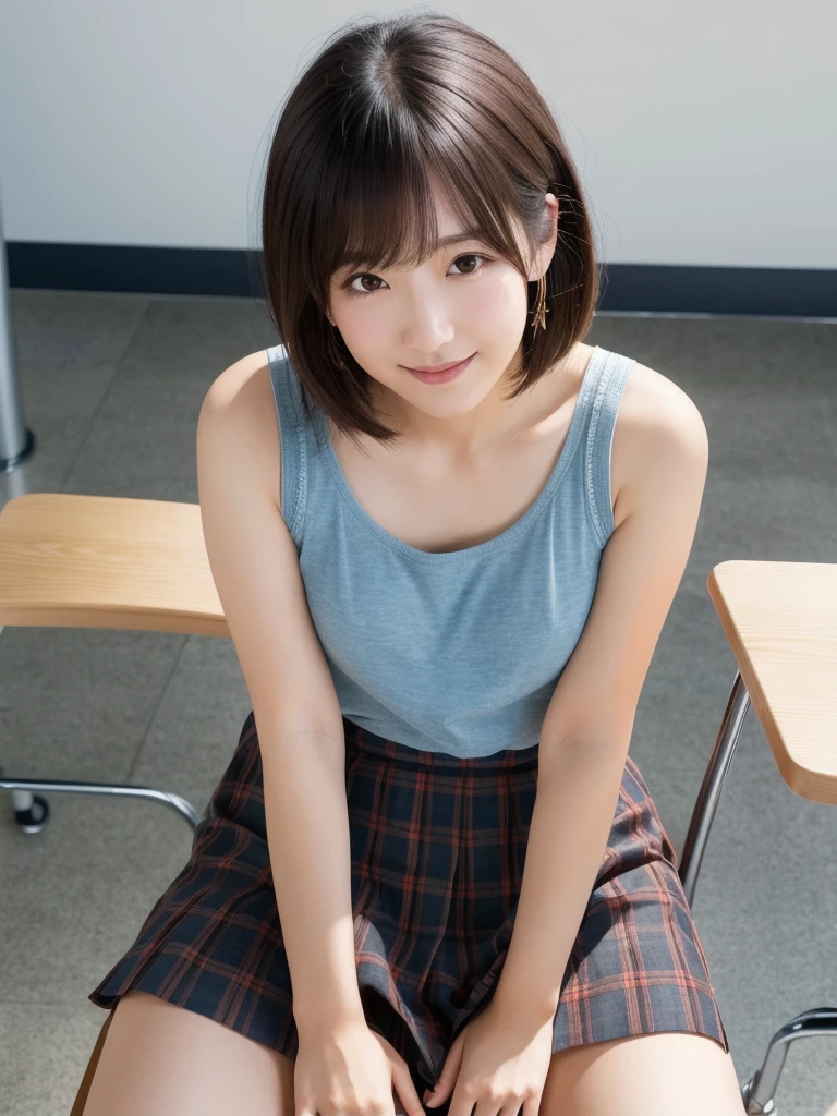 (8k, Photorealistic, Raw photo, Highest quality: 1.4),Japanese idol-style beautiful girl,1 person,,Hairstyle(Short Bob,Black,Disheveled and disheveled),She has her hair tucked behind her ears,Large, clear grey eyes,Long eyelashes,Plump, flushed cheeks,Smiling mischievously,Thin and delicate shoulders,Cute lace bra,My chest is sweaty,thin abdomen,Open shirt(Unbutton the front and open it completely :1.6,Hemming out),(Pleated skirt(Plaid)),School classroom,(Sit on a chair(Spread your legs wide:1.5,Lean forward on the chair with your hands between your legs. :1.5)),(She is looking down at the camera :1.4),Portrait
