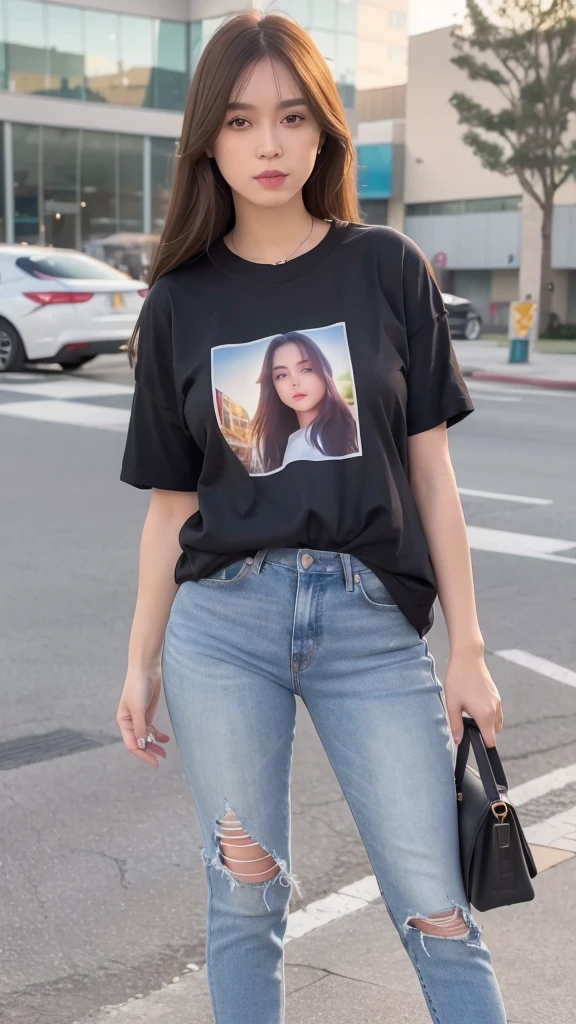mix4, 20d, solo, long_hair, T_shirt, jeans, high_heels,full_body, look_at_viewer, (8k, RAW photo, best quality, masterpiece:1.2), (realistic, photo-realistic:1.37), professional lighting, photon mapping, radiosity, physically-based rendering,