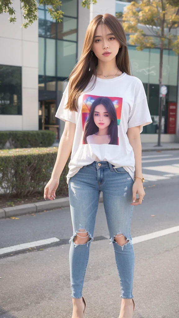 mix4, 20d, solo, long_hair, T_shirt, jeans, high_heels,full_body, look_at_viewer, (8k, RAW photo, best quality, masterpiece:1.2), (realistic, photo-realistic:1.37), professional lighting, photon mapping, radiosity, physically-based rendering,
