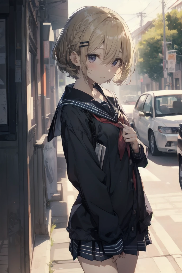 highest quality, anime moe art style,Best Anime 8K Kona-chan Wallpaper,Pixiv contest winners,perfect anatomy, (Please draw a girl walking sleepily to school.. ),break, 1 girl, (alone,,,13 years old:1.3),high school student, short hair, amount, (hair above one eye:1.7), frown，All limbs, full finger,medium breasts, between legs, small eyes,Precise black eyes, hair clip, (sailor suit:1.5),(school uniform:1.5) skirt,On the way to school. break,Super detailed,High resolution,super dense skin, professional lighting,8K eye details, (cute illustration:1.2),blonde，blonde hair，No expression，(hair over one eye:1.5)，sailor uniform