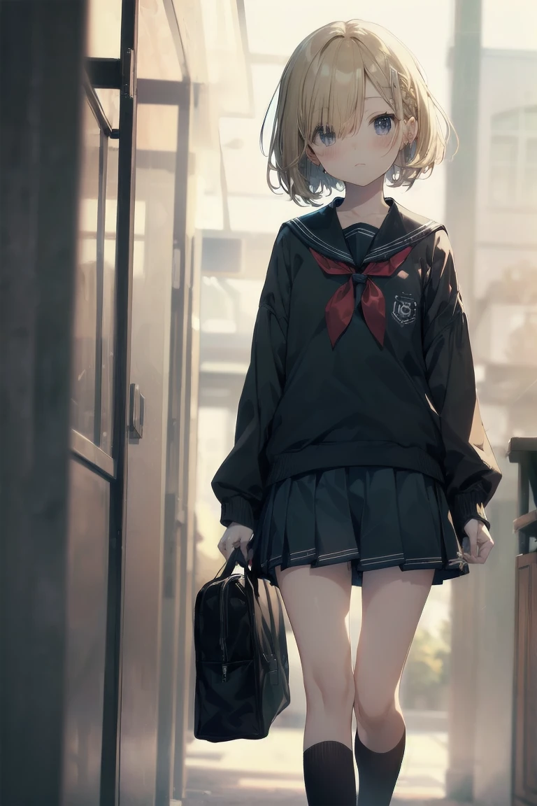 highest quality, anime moe art style,Best Anime 8K Kona-chan Wallpaper,Pixiv contest winners,perfect anatomy, (Please draw a girl walking sleepily to school.. ),break, 1 girl, (alone,,,13 years old:1.3),high school student, short hair, amount, (hair above one eye:1.7), frown,All limbs, full finger,medium breasts, between legs, small eyes,Precise black eyes, hair clip, (sailor suit:1.5),(school uniform:1.5) skirt,On the way to school. break,Super detailed,High resolution,super dense skin, professional lighting,8K eye details, (cute illustration:1.2),blonde,blonde hair,No expression,(hair over one eye:1.5),sailor uniform